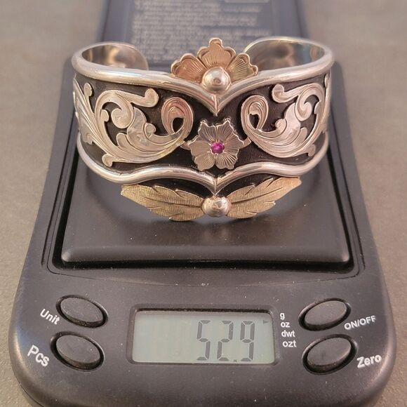 Lopez Bros. Silversmith Handcrafted Engraved Sterling 14k Flourish Cuff Bracelet - Picture 10 of 13